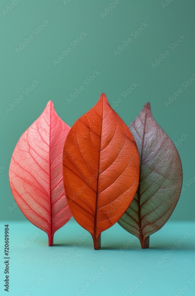 Fototapeta premium three wooden leaves are in front of a green background
