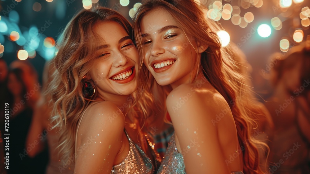Two young beautiful girls in shiny dresses dance at a party Two young beautiful girls in shiny dresses dance at a party