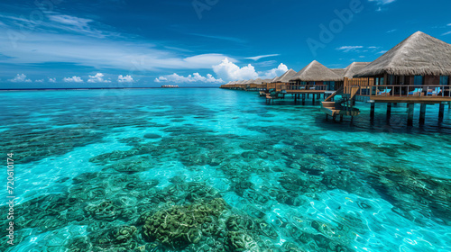 A serene moment in the Maldives showcasing crystal clear waters overwater bungalows and a vibrant coral reef.