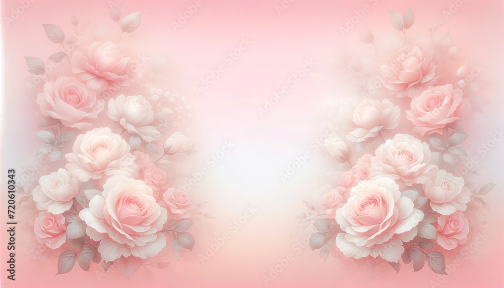 Symmetrical Soft Pink Rose Clusters Background. A dreamy background featuring symmetrical clusters of soft pink roses with a gentle fade to white, perfect for wedding invitations or romantic designs.
