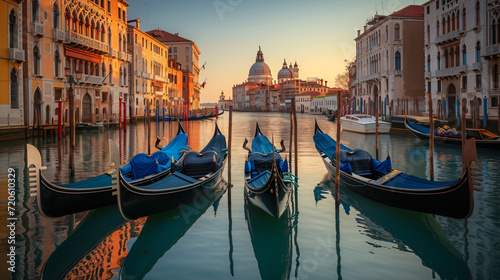 A serene morning on the canals of Venice Italy with gondolas gently floating and historic buildings reflecting in the water. photo