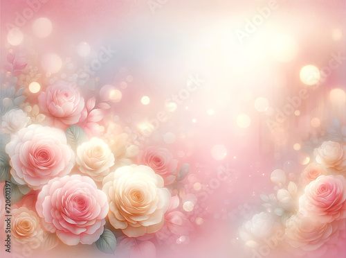 Glowing Rose Blossoms on Warm Pink Bokeh Background. A cluster of glowing rose blossoms set against a warm pink bokeh background, creating a magical and romantic atmosphere.