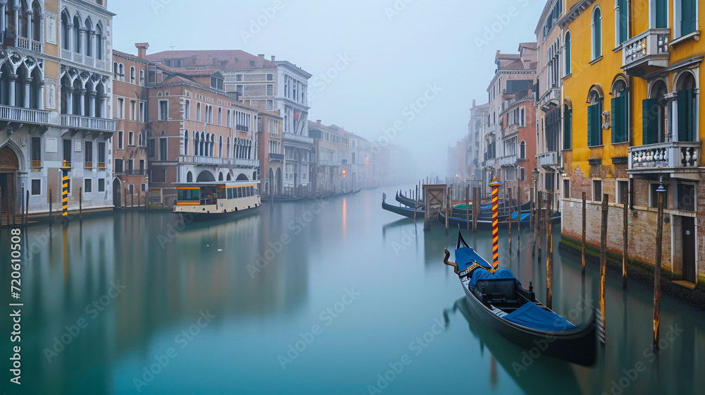 A serene morning on the canals of Venice Italy with gondolas gently floating and historic buildings reflecting in the water.