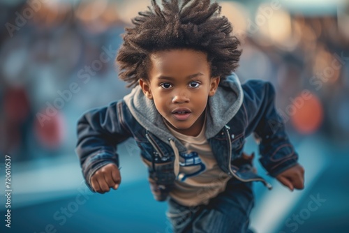 black little boy runs to the finish line at the stadium