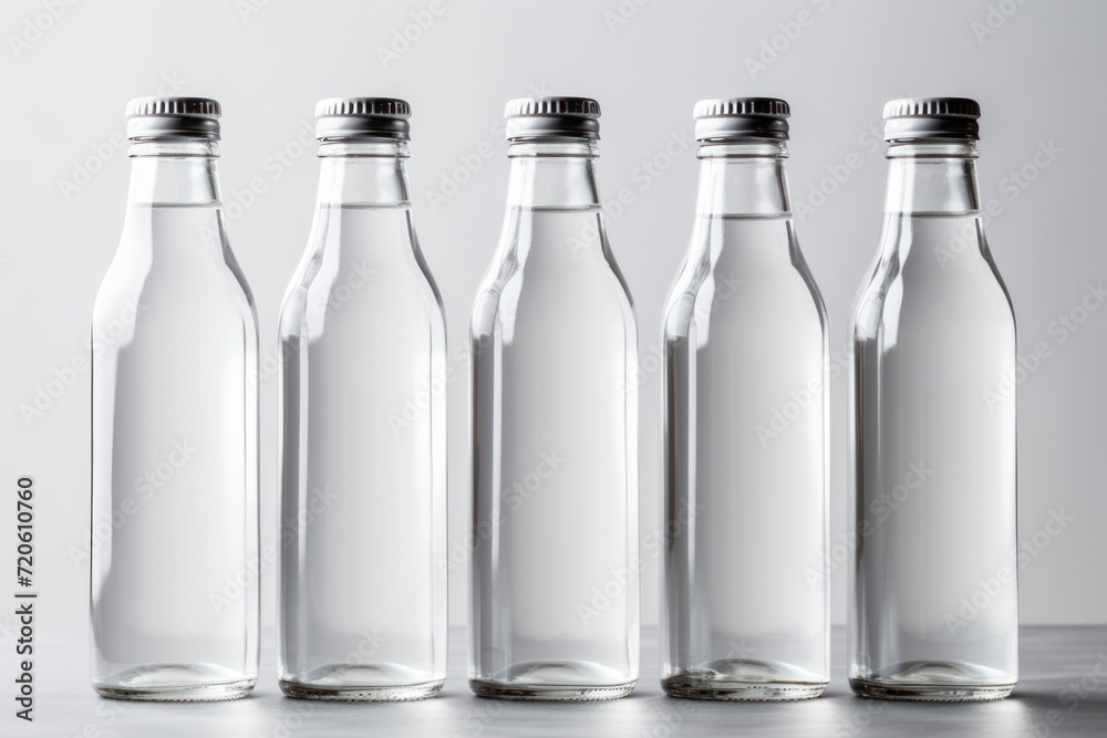 Empty glass water bottle mockup on white background. five bottles