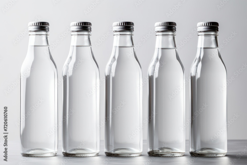 Empty glass water bottle mockup on white background. five bottles Empty glass water bottle mockup on white background. five bottles