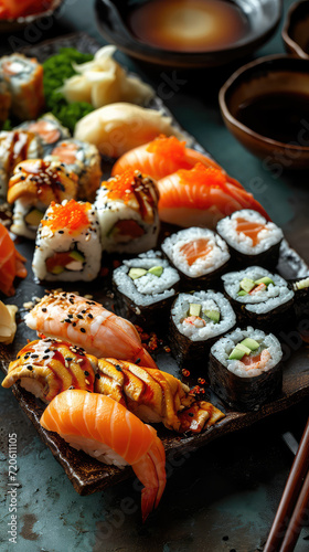 Sushi with chopsticks, a delicious Japanese meal featuring a plate of fresh and healthy assorted sushi, including salmon, shrimp, tuna, and more