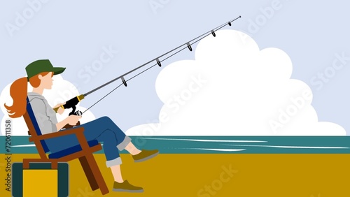 晴れの日にイスに座りながらゆっくりと釣りをする女性のイラスト