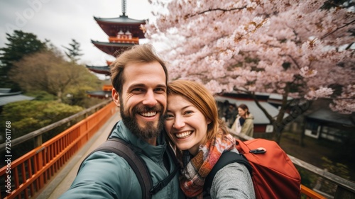 A young couple bearded international travel in Fuji japan landmark smiling and looking camera