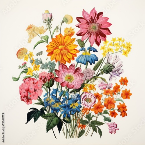 Botany Bouquet. Vintage flowers. Herbs and Wild Flowers. Colorful illustration in the style of engravings.