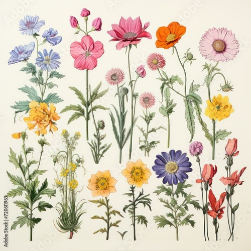 Botany. Set. Vintage flowers. Herbs and Wild Flowers. Colorful illustration in the style of engravings. © masherdraws