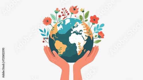 Flat Vector hands holding earth with flowers. Earth day illustration with cute planet. World Earth day concept