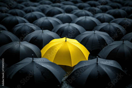 A yellow umbrella among a crowd of black umbrellas - Concept of success  of being special as a leader  with its own identity  having a difference  new ideas and special skills among the others