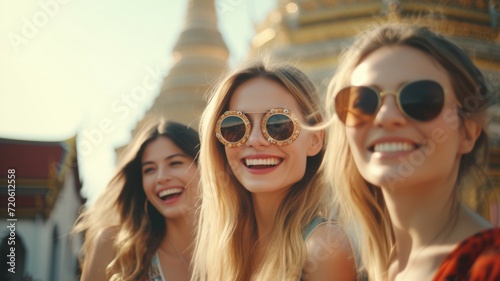 Amarican friends, travel and tourism concept. Beautiful american girls looking for direction in the thailand wat arun