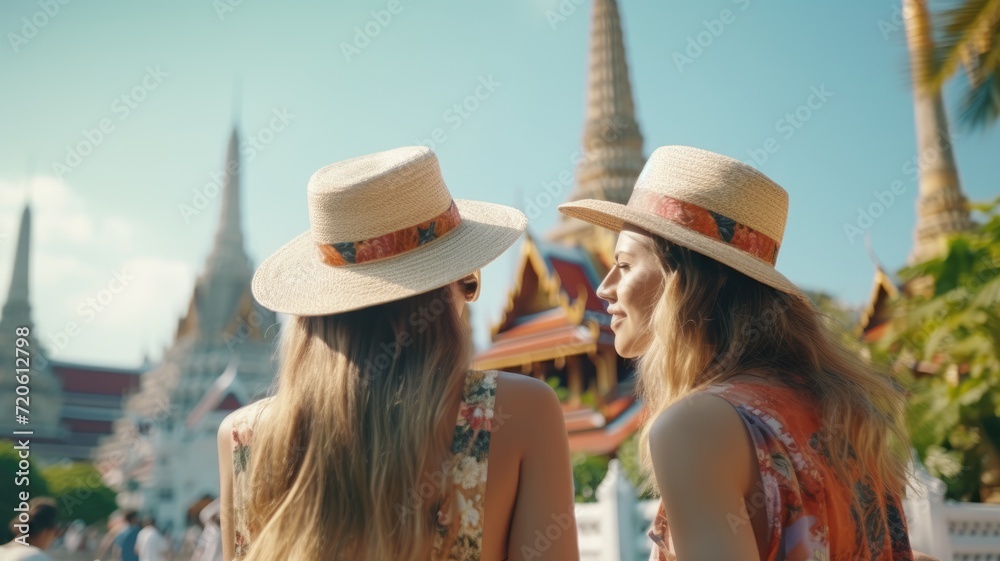 Amarican friends, travel and tourism concept. Beautiful american girls looking for direction in the thailand wat arun
