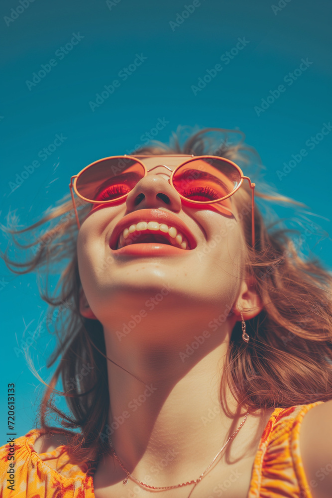 
Young woman wearing sunglasses, smiling. The image showcases a stylish and cheerful look, emphasizing a positive and fashionable demeanor.