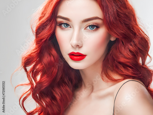 Portrait of beautiful young woman with red hair. Red lips.