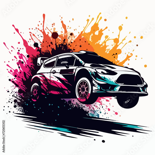 sports car with flames, rally cars perform jumps with paint splashes photo