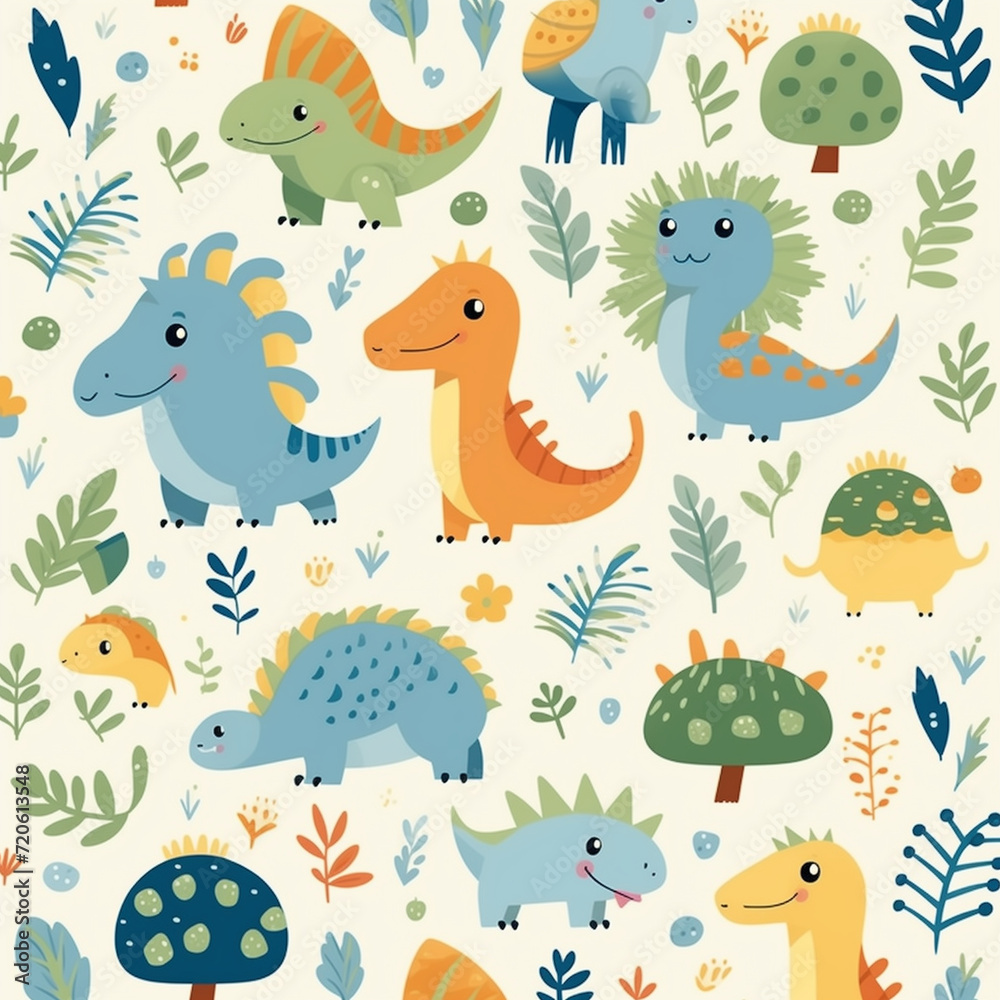 Seamless pattern with cute dinosaurs and green leaves for children print.