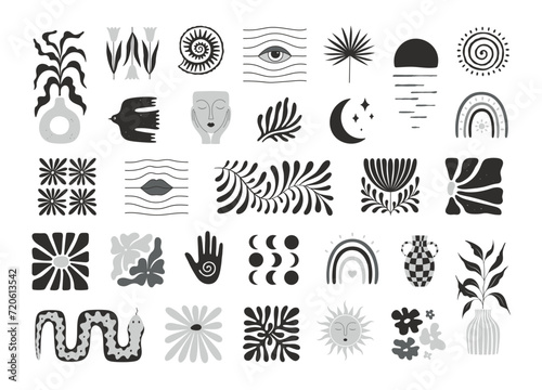 Set of abstract black and white elements. For the design of posters, patterns, covers and more.
