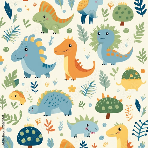 Seamless pattern with cute dinosaurs and green leaves for children print.