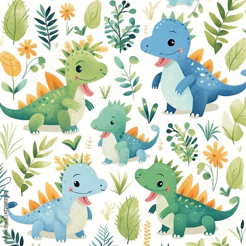 Seamless pattern with cute dinosaurs and green leaves for children print.