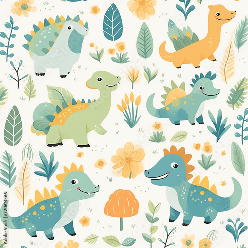 Seamless pattern with cute dinosaurs and green leaves for children print. © Mayura