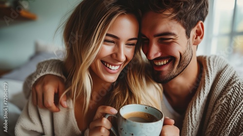 Young and happy couple in pajamas drinking coffee in bed