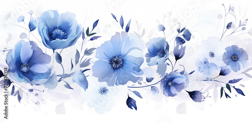 blue flowers on a white background, in the style of light violet and light indigo