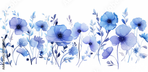 blue flowers on a white background, in the style of light violet and light indigo