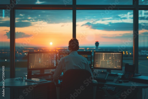 Air traffic controller at work during sunset