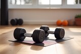 Pair of dumbbells on a mat in home gym
