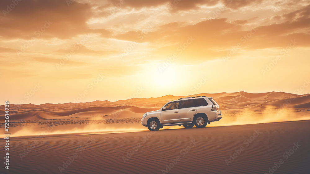 SUV Driving Through Desert Dunes kicking up sand on vast desert landscape at sunset