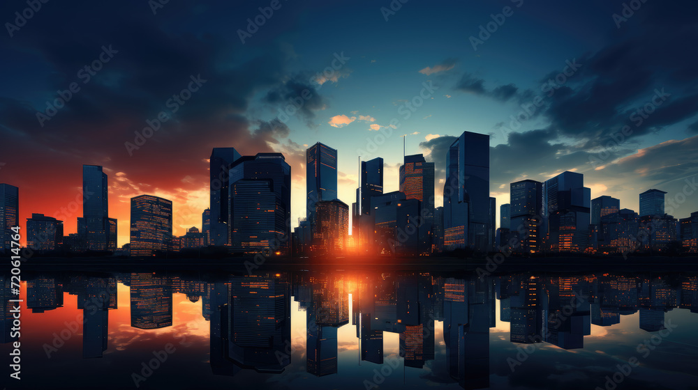 Abstract city skyline with modern high rise buildings skyscrapers reflected on calm water of river near bridge against cloudy sunset sky with copy space.