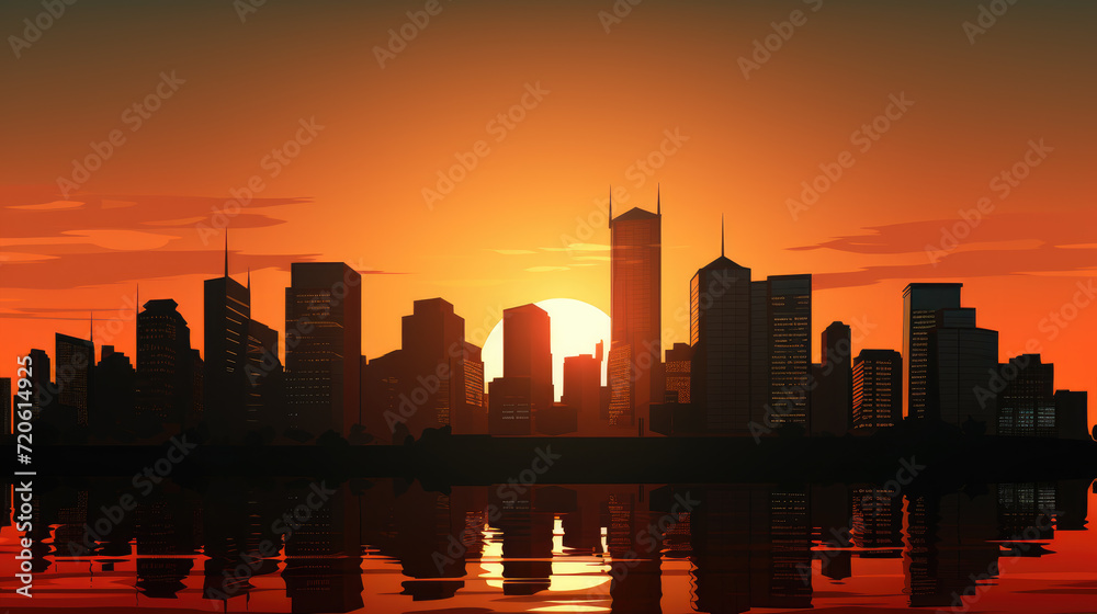 Abstract city skyline with modern high rise buildings skyscrapers reflected on calm water of river near bridge against cloudy sunset sky with copy space.