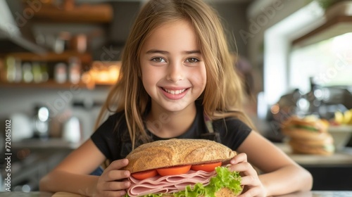 A 12-year-old girl prepares a large ham sandwich
