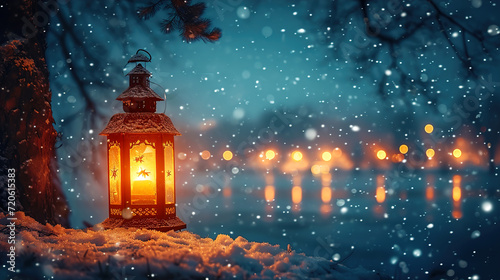 Winter Night Bathed in Moonlight with a Glowing Lantern Background 