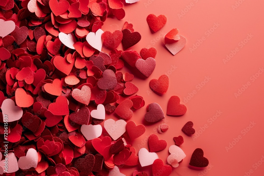 A vibrant and romantic valentine's day background, adorned with a scattered pile of small carmine hearts, evoking feelings of love and passion