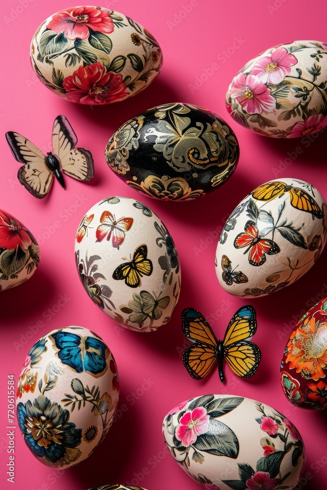 Handcrafted ceramic eggs adorned with intricate designs and vibrant colors, surrounded by festive bunnies and delicate easter greetings, creating a whimsical and charming scene perfect for indoor eas