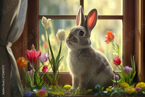 A curious bunny peeks through a window, surrounded by blooming flowers and easter eggs, creating a charming scene for a whimsical greeting card photo