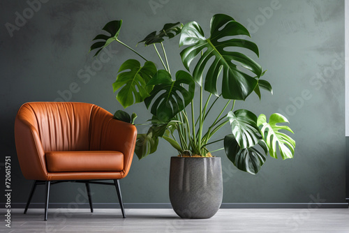 Monstera with leaves in flowerpot, climbing plant. Monstera deliciosa or philodendron, plant, nature and flora. Interior design