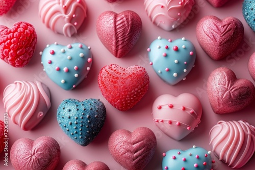 A tempting array of confectionery delights, adorned with pastel hues and sprinkled with love, await to sweeten your valentine's day with heart-shaped chocolates, petit fours, cupcakes, and cookies photo