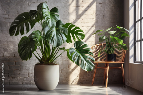 Monstera with leaves in flowerpot, climbing plant. Monstera deliciosa or philodendron,  plant, nature and flora. Interior design photo