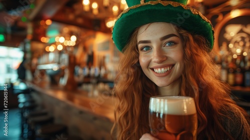 Young cheerful woman in a big green leprechaun hat drinks beer in an Irish pub