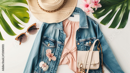 A stylish fashion flat lay featuring a trendy outfit with a denim jacket sunglasses a chic handbag and accessories laid out on a clean white surface.