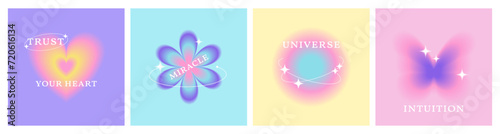 Set of blurry gradient backgrounds with aura effect in y2k style. Trendy posters with text, sparkles, vintage flower, heaty, butterfly for social media. Vector    photo
