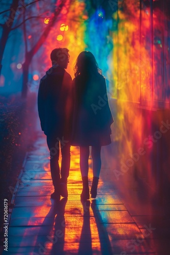A couple strolls hand in hand, bathed in the soft glow of streetlights, their bright pastel attire reflecting the love and magic of valentine's day