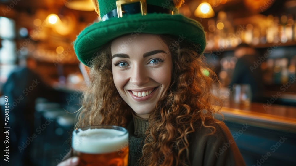 Young cheerful woman in a big green leprechaun hat drinks beer in an Irish pub Young cheerful woman in a big green leprechaun hat drinks beer in an Irish pub