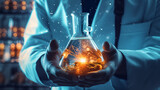 Flask in scientist hand with laboratory background