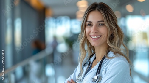 Young beautiful female doctor standing smiling looking at camera against blurred hospital background